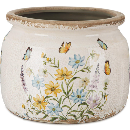 Ninehaoou 7.7″ Large Vintage Ceramic Plant Pot with Butterfly Pattern Warm Yellow Rustic Planter with Ice Crackle Glaze & Drainage Hole for Indoor Outdoor Plants Home Kitchen Office Decor Gift