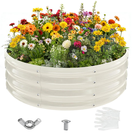 YSEJOMP 3FT Diameter Galvanized Garden Raised Bed/Plant Box/Fire Pit Ring - 0.8mm Thick,12 Inch Tall,Perfect for Planting a Variety of Flowers,Herbs,Vegetables (Cream White, 36 Dia X 12 inches)