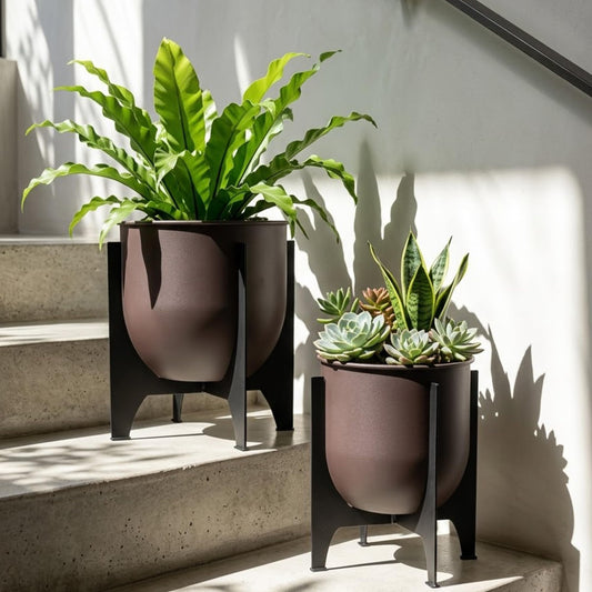 TRIROCKS Set of 2 Planters with Stand Indoor Outdoor Metal Plant Stand 16 &8" H Modern Planters Flower Pots for Living Room Corner Kitchen Office Garden Balcony Patio Decor