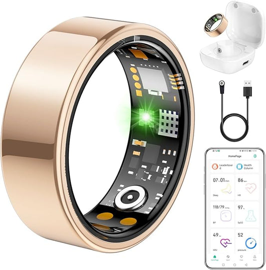 Ring Health Tracker for Women Men, Fit Ring with Heart Rate, Blood Oxygen, Sleep Monitor, Calories, Step Counter, IP68 Waterproof Smart Ring for iPhone & Android, No Subscription Fee (Rose Gold, 10#)