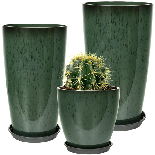 Neoaider 24/21/12 Inch Large Plastic Planter, Lightweight Ceramic-Look Tall Planters with Drain Hole & Saucers, Tall Plastic Planters for Porch, Garden, Patio, Balcony(Dark Green)