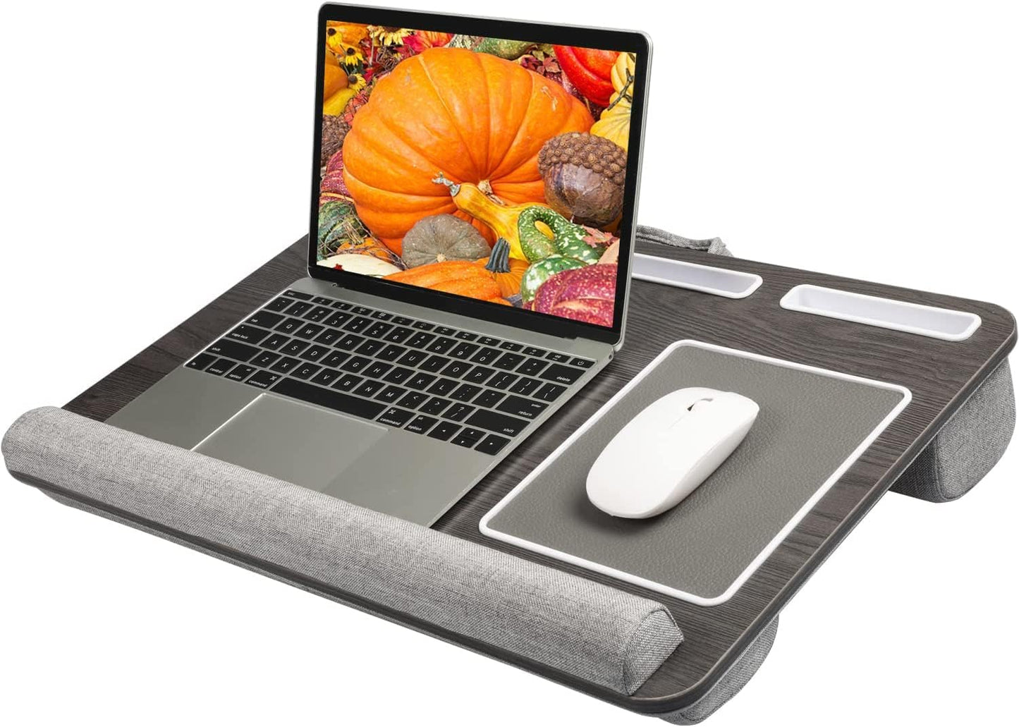 HUANUO Lap Desk - Fits up to 17 inches Laptop Desk, Built in Mouse Pad & Wrist Pad for Notebook, Laptop, Tablet, Lap Stand with Tablet, Pen & Phone Holder, Black Woodgrain