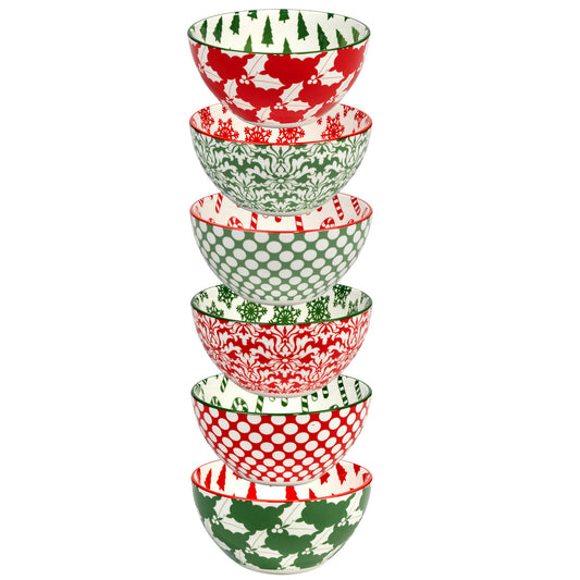 Winter Medley 13 oz All Purpose Bowls – Set of 6 Porcelain Holiday Serving Bowls for Ice Cream, Snacks, or Sides – Festive Assorted Designs for Christmas Entertaining