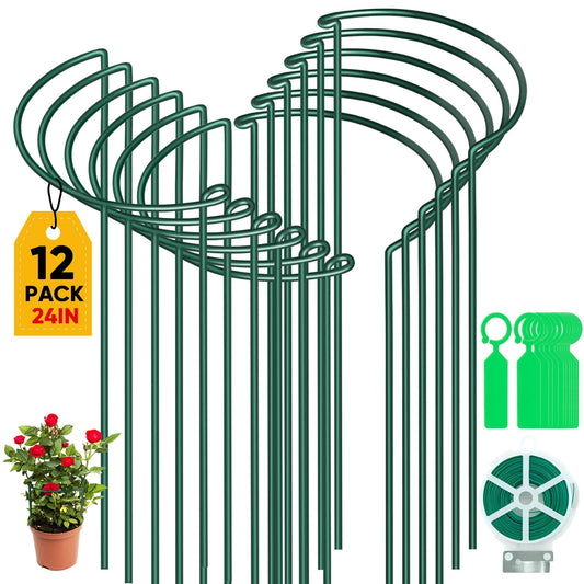 12 Pack Plant Support Stakes, Peony Cages and Supports Large 10" Wide x 24" High Tall Peony Ring Supports, Garden Plant Stakes for Outdoor Plants Rose, Tomato, Hydrangea, Flowers