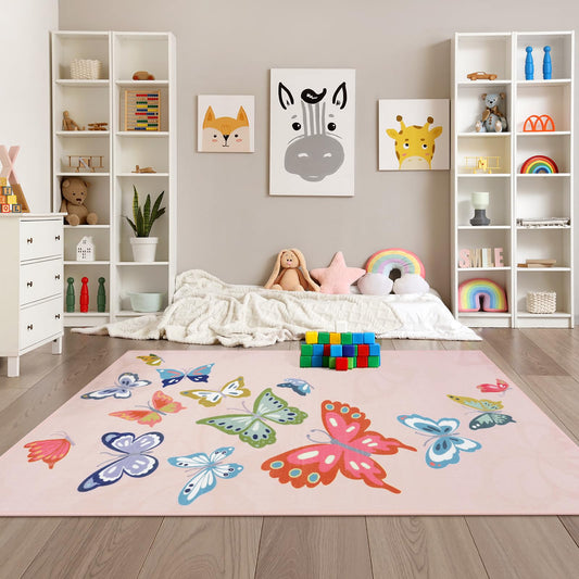 STARUIA Washable Pink Rugs for Girls Bedroom, 5x7 Soft Butterfly Rug Kids Rugs for Playroom Nursery, Non Slip Baby Toddler Carpet for Kids Room Daycare Tent Dorm Castle Indoor Decor
