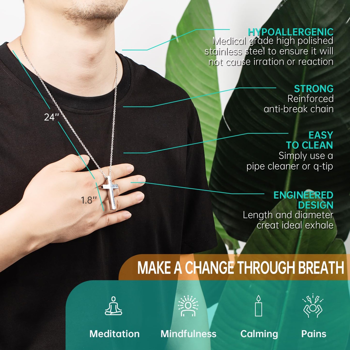 FUNPAR Cross Breathing Necklace for Anxiety, Inspirational Bible Verse Mindfulness Pendant Necklace, Stainless Steel Meditation Breathwork Tool, Anxiety Relief Items for Teens Gift(Silver 4: 13)