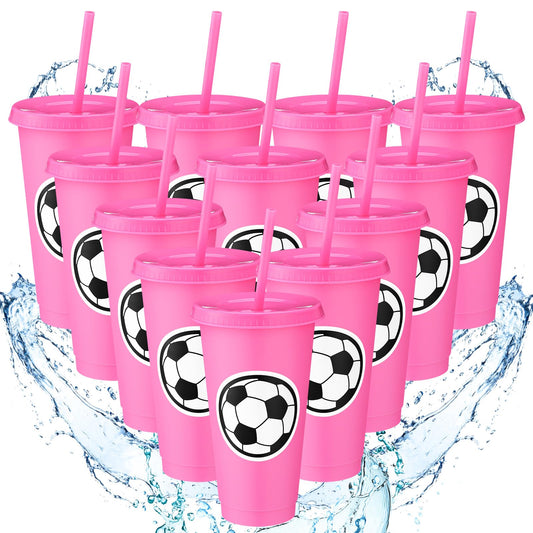Domensi 12 Pcs Sport Soccer Plastic Cups with Lid and Straw 24 oz Reusable Plastic Cups Coffee Tumblers Gift for Fan Friend Guest Birthday Office Sport Party Supplies (Pink)