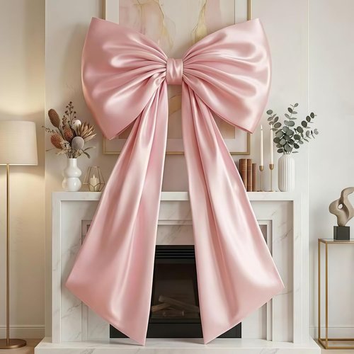 Giant Pink Bow Decor - 45x24 Inch Oversized Satin Ribbon Bow | Blush Wall Decor for Coquette Room & Ballerina Birthday