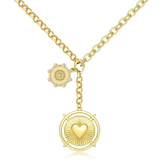 BONJOULRY Chunky Gold Heart Sun Coin Charm Necklace for Women Non Tarnish 18K Gold Plated Thick Paperclip Chain Hip Hop Choker Necklaces Trendy Vintage Jewelry Holiday Gift