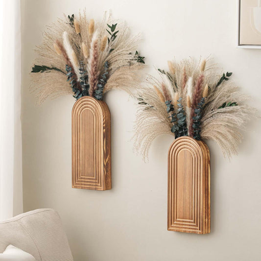2 Pack Wooden Wall Vase Set with Pampas Grass Eucalyptus, Modern Farmhouse Boho Wall Decor for Living Room, Entryway, Hallway, Bathroom, Dining Room, Brown Wall Art for Home Decoration