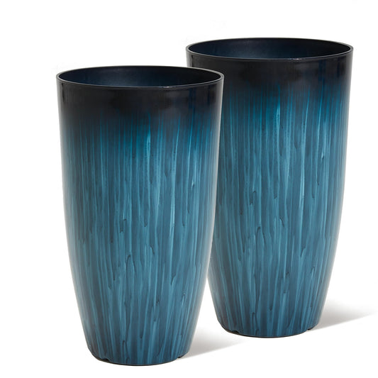 Worth Garden 23.5" Tall Plastic Planters Set of 2 with Drainage Holes, Gradient Blue Glossy Finish, Large Lightweight Round Plant Pots for Indoor Outdoor Use, Decorative Flower Pots for Front Porch