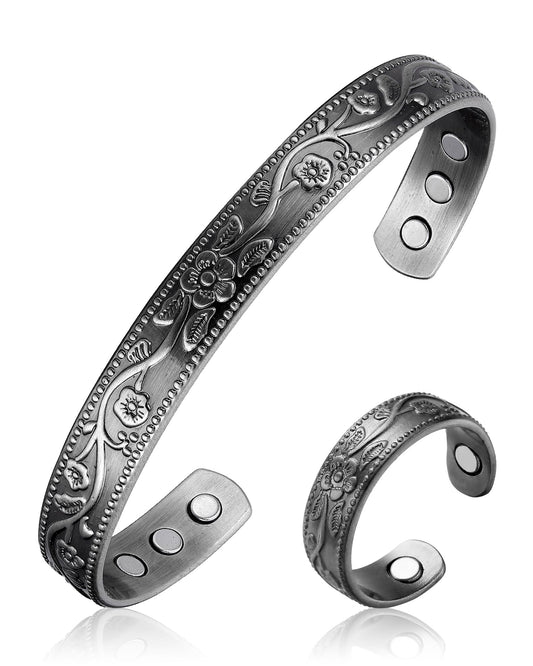 BioMag Copper Bracelet & Ring for Women, 99.99% Pure Copper Magnetic Bracelet Lymphatic Drainage Rings with 3500 Gauss Magnets, Adjustable & Flower Pattern (Antique Silver-A)