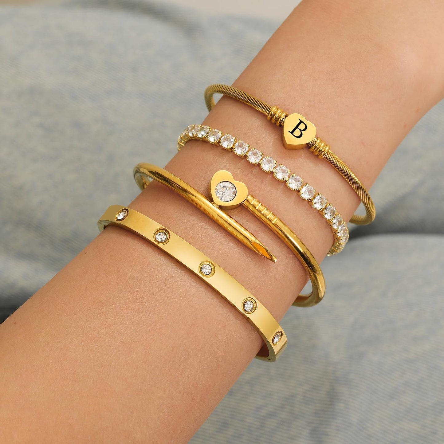 MEIERYA18K Gold Plated Nail love Bangle Bracelet Set for Women,Cubic Zirconia,Adjustable tennis bracelet Trendy Gift Jewelry for Mother's Day Anniversary (02-Style-B)