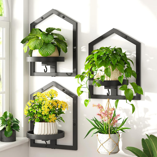 LASZOLA 3 Pcs Black Wall Mount Plant Shelves with Hangers for Indoor Flower, Heavy Duty Metal Window Floating Planter Holders Stand, Iron Modern Picture Frame Decorative for Bathroom Kitchen with Hook