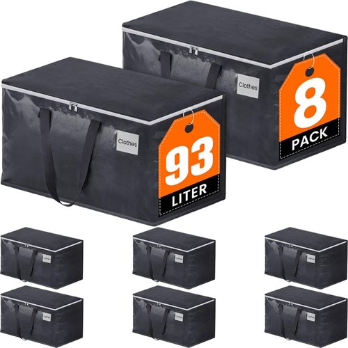 Fabspace Heavy Duty Moving Boxes - Collapsible Storage Totes with Strong Zippers & Handles | 93L, 8-Pack