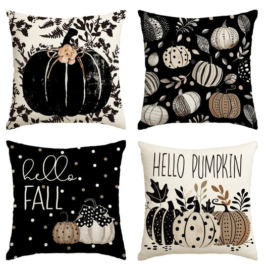 AVOIN colorlife Fall Hello Pumpkin Leaves Throw Pillow Covers, 18 x 18 Inch Autumn Thanksgiving Harvest Polka Dot Black Decorations for Sofa Couch Set of 4