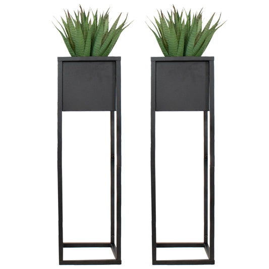Sunnydaze Modern Simplicity 8.25" Square Metal Raised Planter Box with Legs - Set of 2 - Indoor or Outdoor Use - Black - 27" H