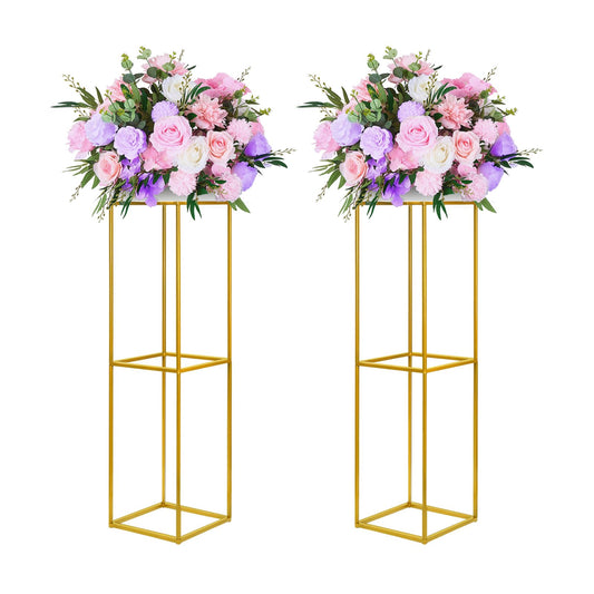 YALLOVE 2 Pcs 31.5 Inch Metal Flower Stand, Gold Centerpieces Vases Stand With Clear Acrylic Sheets, Geometric Display Rack for Wedding Party Decorations