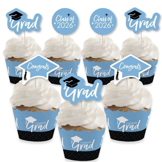 Big Dot of Happiness 2026 Light Blue Graduation Cupcake Decoration - Party Cupcake Wrappers and Treat Picks Kit - Set of 24