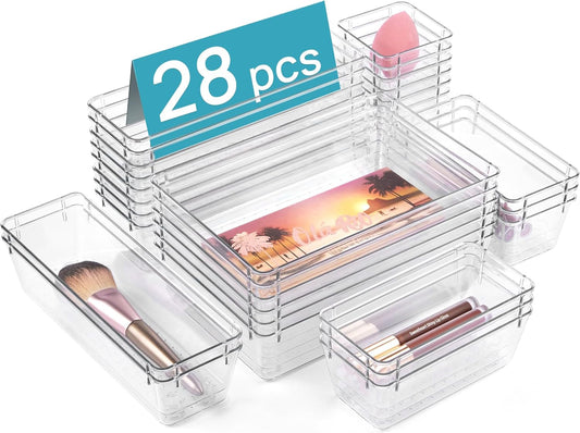 Vtopmart 28 PCS Clear Plastic Drawer Organizers - Versatile Acrylic Storage Bins for Bathroom, Vanity & Kitchen