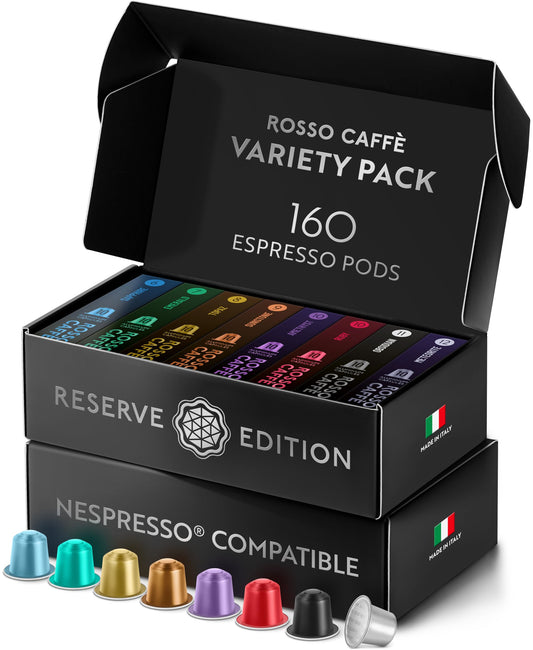 ROSSO CAFFÈ Espresso Coffee Pods, Compatible with Nespresso Original Machines, Reserve Variety Pack, 160 Capsules - Made in Italy