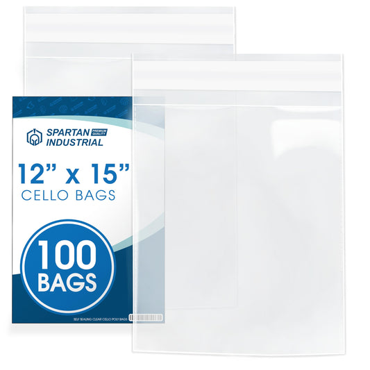 12" X 15" Self-Sealing Cellophane Bags (100 Count) Clear Poly Packaging for Clothing, Prints, Photos, Documents - Reinforced Resealable Cello Bags for Small Business Shipping - Spartan Industrial