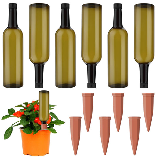 SHENGYIWA 12 Pcs Self Watering Spikes for Plants Terracotta Automatic Plant Waterer Stakes with(25.5 Oz) Plastic PET Bottles, 6 Set Self Watering Globes Keep Plants Watered for 7-9 Days (6, Green)