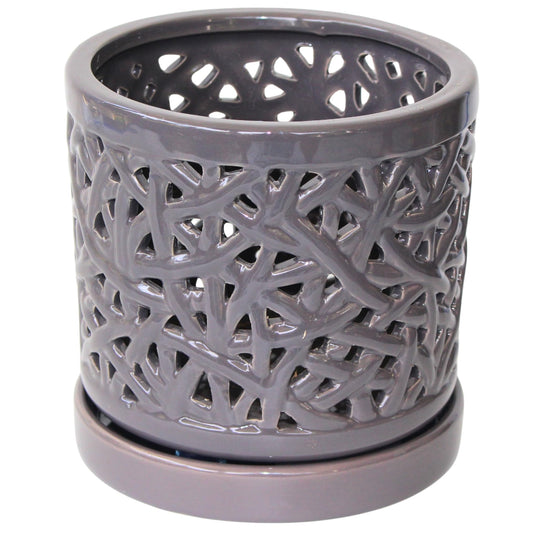 DESQUIGGLE Gray Large Ceramic Orchid Pot with Holes, 6 Inches Wide, for Indoors or Outdoors with Woven String Cut Out Design, Orchid Planters, Orchid Gifts