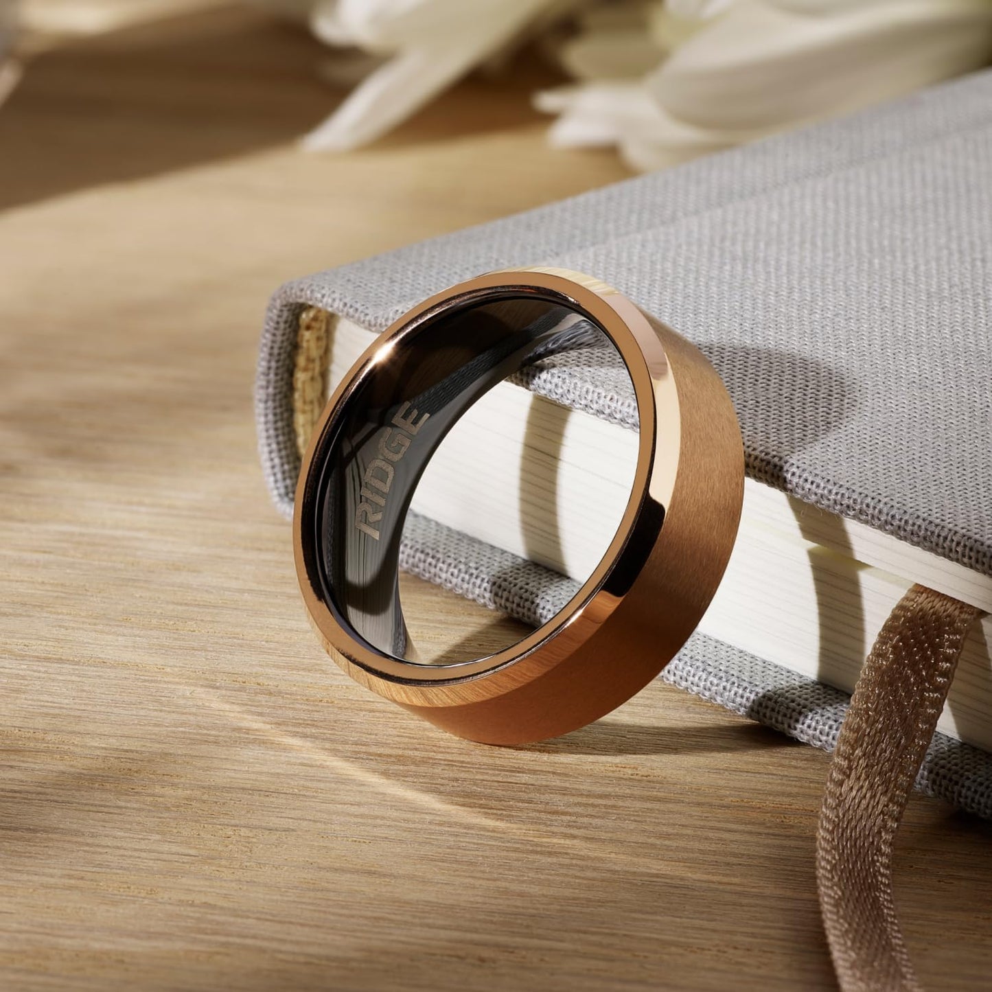 Ridge Beveled Ring Set 8mm - 18K Rose Gold - Tungsten - 14
