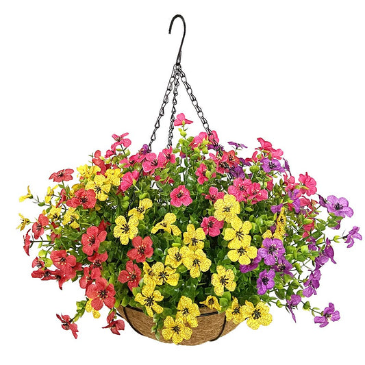 Lesrant Artificial Flowers in Basket,Artificial Hanging Baskets with Flowers for Outdoor Indoor Courtyard Decor,12 inch Coconut Lining Basket for Patio Garden Porch Deck Decoration