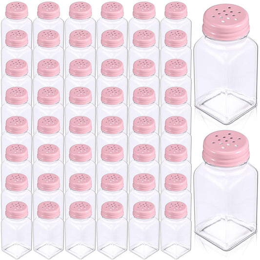 Bokon 48 Pack Glass Salt Shaker Bulk with Stainless Lids 2.7oz Small Spice Shaker for Kitchen Restaurants and Catering Wedding Party Supplies (Pink,Classic)