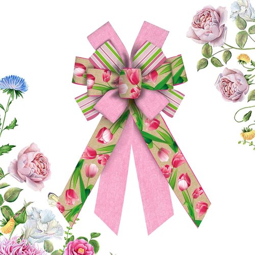 Hying Large Flower Bow - Spring Tulip Stripes in Pink Burlap | Farmhouse Craft Bow for Easter Decor