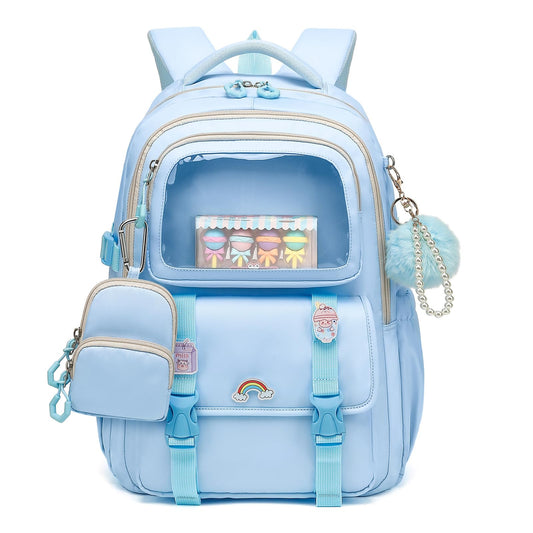 QIXIHU Girls Backpack, Kawaii Kids Backpacks for Girls Multiple Pockets School Bookbag for Girl for Primary Elementary School, Age 6-12 Years Old, Blue