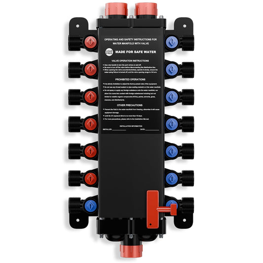 50143 14-Port PEX Manifold | Compatible with viega manabloc | 8 Cold 6 Hot Homerun Distribution with Valves | 3/4" Inlet 1/2" Zero Lead Poly Alloy PEX Crimp | Color-Coded Ports & Non-Corroding Body