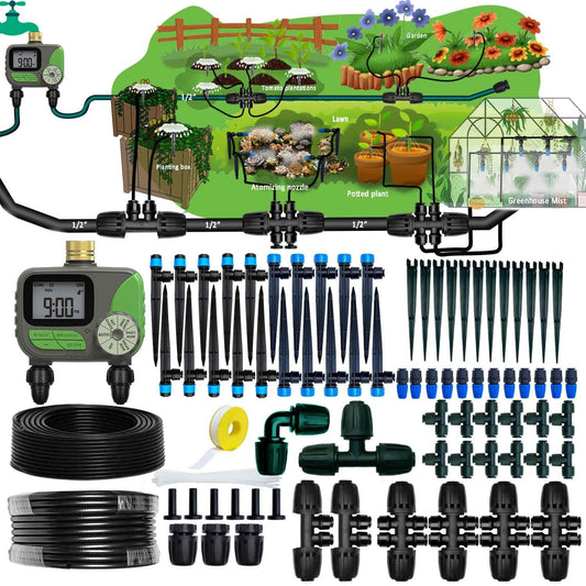 Drip Irrigation System with Water Timer for Garden,Main ID 1/2inch 32Ft and 1/4inch 136Ft Water Hose, 2-Zone Watering System Sufficient Water Pressure, Irrigation Dripper Waterflow Evenly Easy DIY