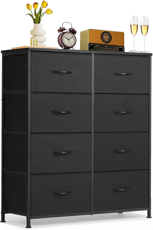Regine Switzerland 8-Drawer Dresser - Anti-Tip Tall Storage Organizer with Wooden Top & Metal Frame | Black