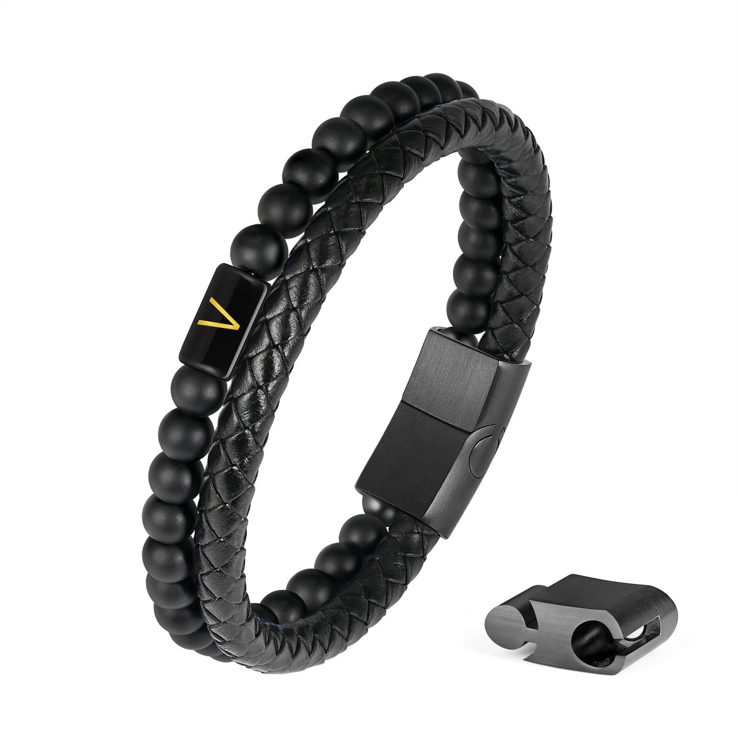 Bracelets for Men - Men Gifts Matte Agate Bead Magnetic Clasp Black Mens Leather Bracelet with Initial Black Mens Leather Bracelets Initial V Bracelet for Men's Jewelry Men's Gifts for Dad Husband Him