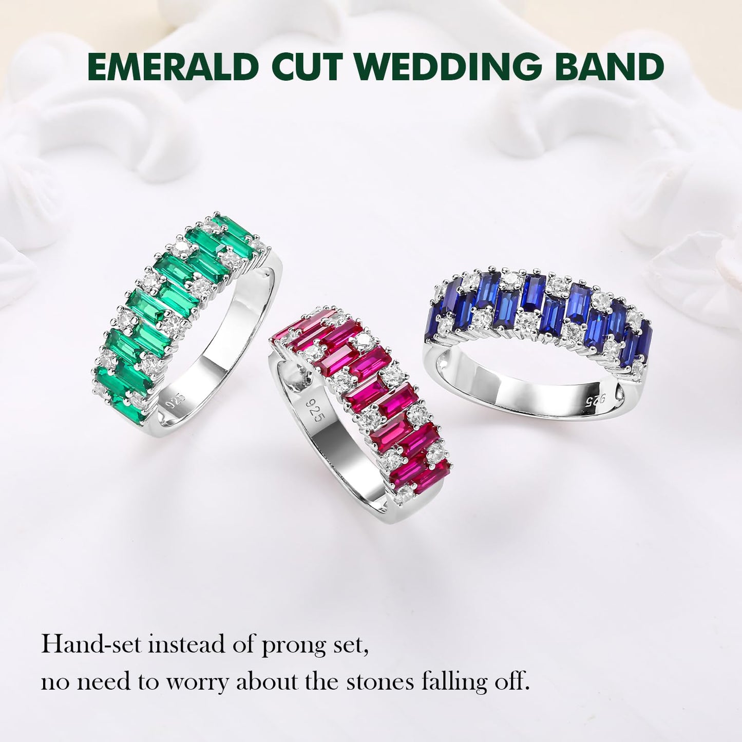 RANDES Emerald Eternity Band Rings for Women Emerald Engagement Ring Sterling Silver Green Stone Baguette Wedding Bands Anniversary Size 8