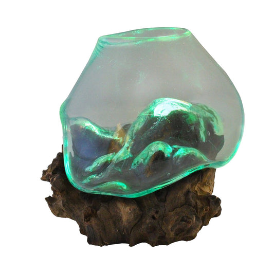 Cohasset Molten Glass | #650-20L | Molten Glass & Wood Sculpture | Terrarium | Fairy Garden | Luminary | Approximately 8" Wide | Natural Wood and Recycled Glass |