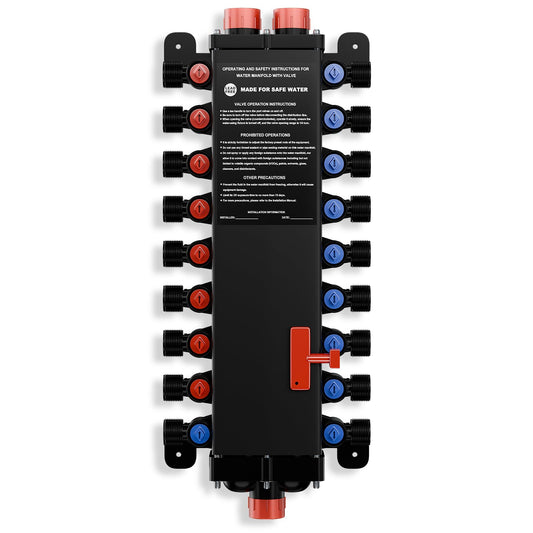 50250 18-Port PEX Manifold | Compatible with viega manabloc | 10 Cold 8 Hot Homerun Water Manifold | 3/4" Inlet 1/2" Zero Lead Alloy PEX Crimp | Quiet Flow & Corrosion Resistant Design