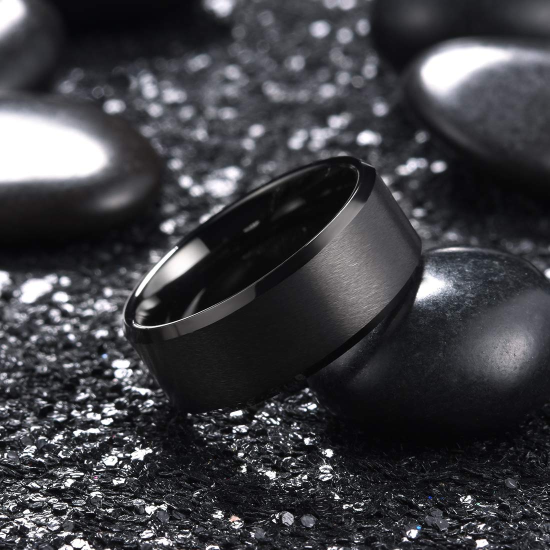 King Will 9mm Men's Black Wedding Ring - Brushed Matte Surface, Beveled Polished Edge, Comfort Fit Size 10