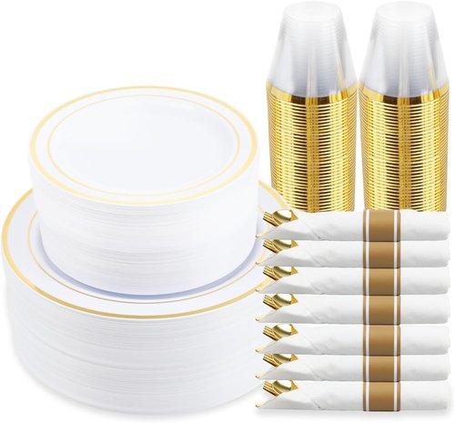 M MCIRCO Gold Dinnerware Set - 350 Pieces with 100 Plastic Plates, 50 Cups & Silverware for 50 Guests