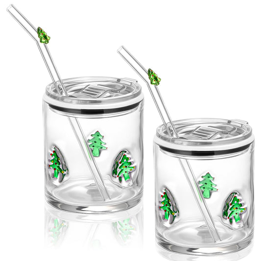 Patelai 2 Pcs Christmas Tree Icon Glasses Cups with Lids and Straws 15oz Reusable Drinking Iced Coffee Glass Cups Cute Xmas Tumbler Gifts for Christmas Adults Women Men Holiday Stocking Stuffer