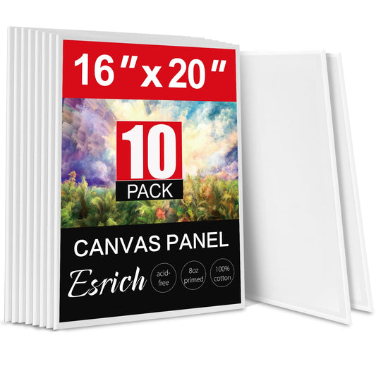 ESRICH Canvas for Painting 16x20 Inch, 10 Pack Flat Canvas Boards for Painting Cotton Primed Acid Free Large Blank Canvases, Canvas Panels for Oil Paint, Watercolor, Acrylic Paint, Gouache, Tempera.