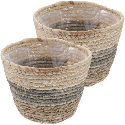 Healeved 2PCS Seagrass Plant Basket with Liner for Indoor Plants Rattan Pots 6inch Weaving Straw Planter Baskets Wicker Small Rustic Decorative Flower Pots for Desktop
