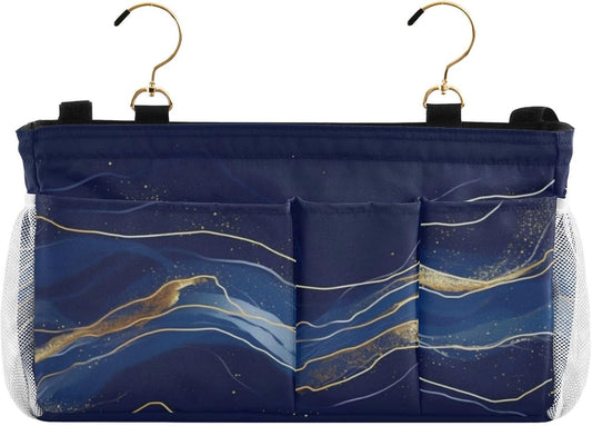 Amooorous Bedside Storage Caddy For Dorm Table Cabinet Storage Organizer for Bed Rails Deep Blue-gold Marble Texture