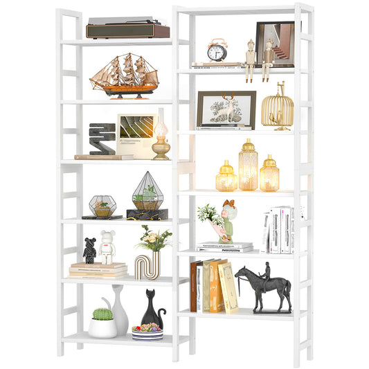 Homykic Double Wide Bamboo Bookshelf White, 6-Tier Large Open Bookcase with 12 Display Shelves, 6ft Tall Freestanding Book Shelf for Home Office, Bedroom, Living Room, Plants