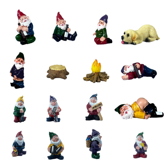 16pcs Miniature Funny Garden Drunk Gnomes Mini Funny Creative Dwarf Garden Gnome Statues Decoration for Indoor Outdoor Yard Patio Bonsai Potted Plants Landscape Desk Decor (Ordinary box packaging)