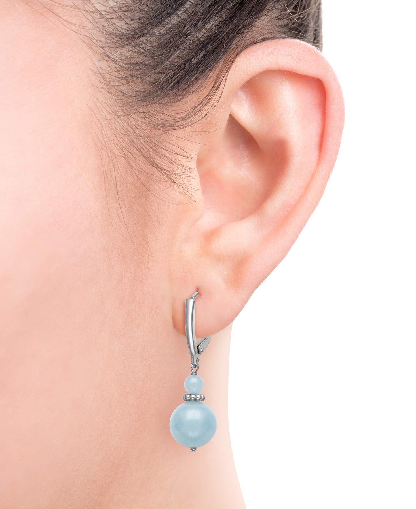 Belacqua Sterling Silver Natural Round Milky Blue Aquamarine Gemstone Beaded Dangle Drop Earrings for Women, Length : 1.5 Inches, Leverback, Gift Box Included