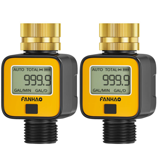 FANHAO 2 Pack Water Flow Meter with Brass Inlet Metal Thread, Measure Gallon/Liter Consumption and Flow Rate, High Accuracy & IPX6 Waterproof for Outdoor Garden Hose Watering, RV Water Tank Filling